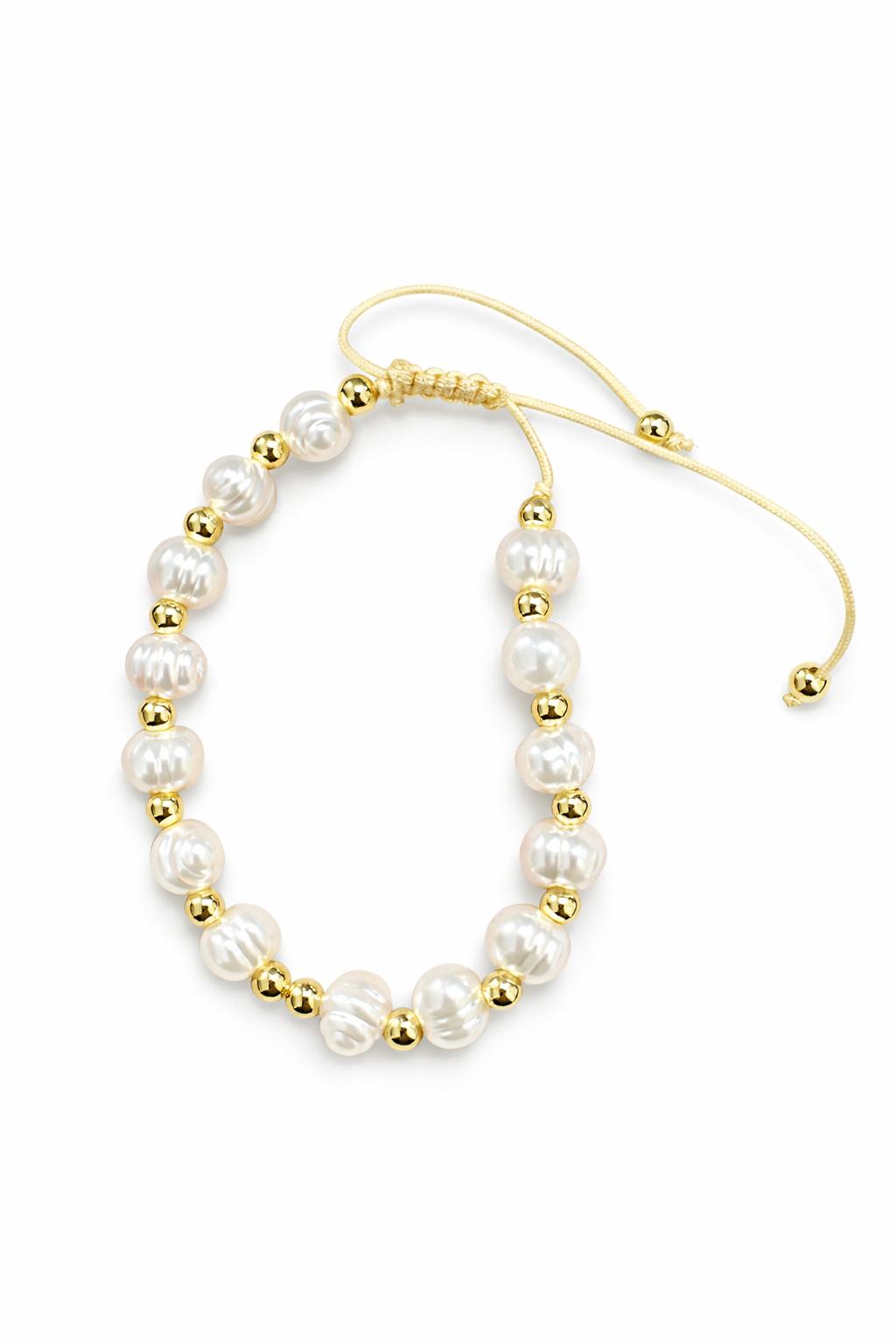 21219 Brazalete Ajustable con Perlas  y Bolitas Doradas